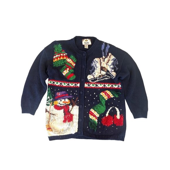 Vtg. 90's Winter Cardigan Sweater Hand Knit Snowman Ice Skates 3D Wearable Art - Picture 2 of 13